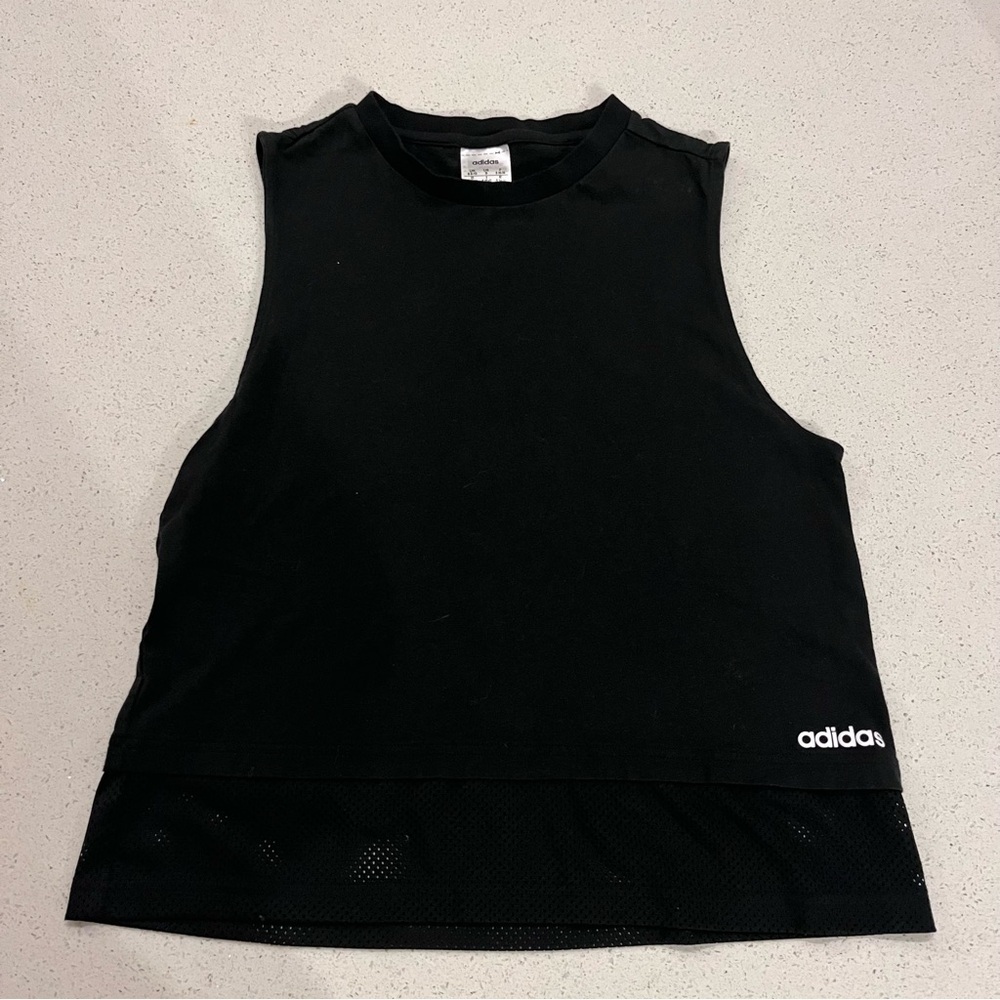 Adidas Women’s Muscle Tank Top Size S Mesh Black Detail Logo Graphic Sle…